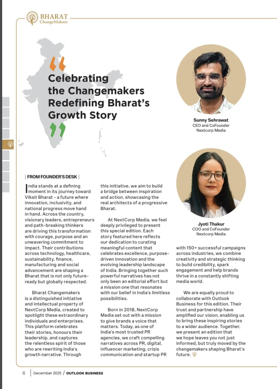 From Founder's Desk page by Sunny Sehrawat and Jyoti Thakur, NextCorp Media